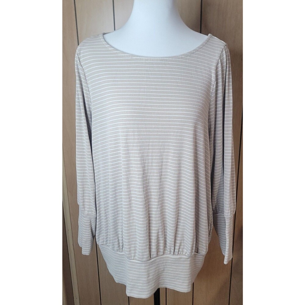 Lane Bryant Womens 14/16 Taupe White Striped Dolman Sleeve Knit Top Stretch